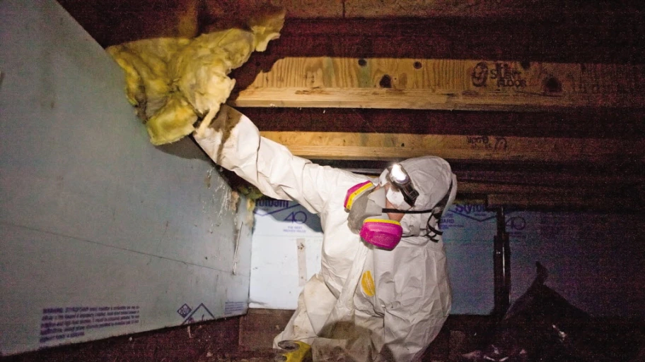 Worker in mask in crawl space